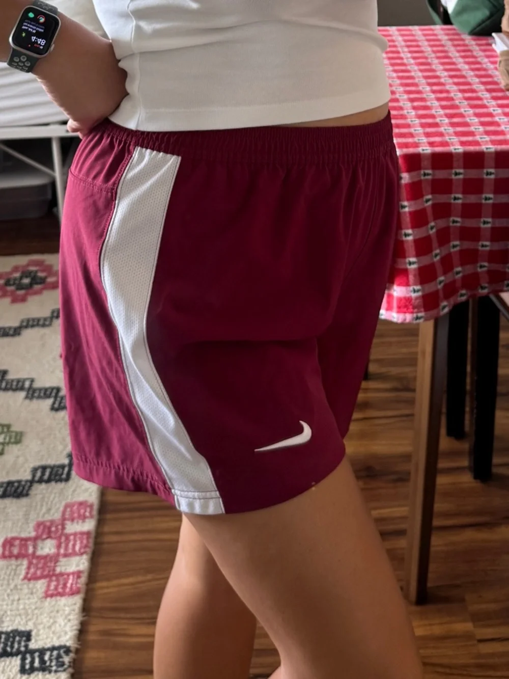 Nike Women's Dri-Fit Burgundy Athletic Shorts with White Mesh Side Panels L